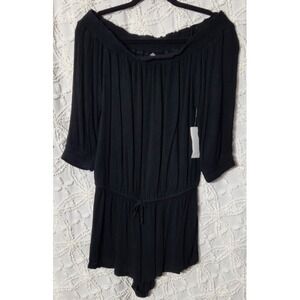 Raisins Womens Swim Romper Size Large Black Crinkle Texture Off Shoulder‎ Light